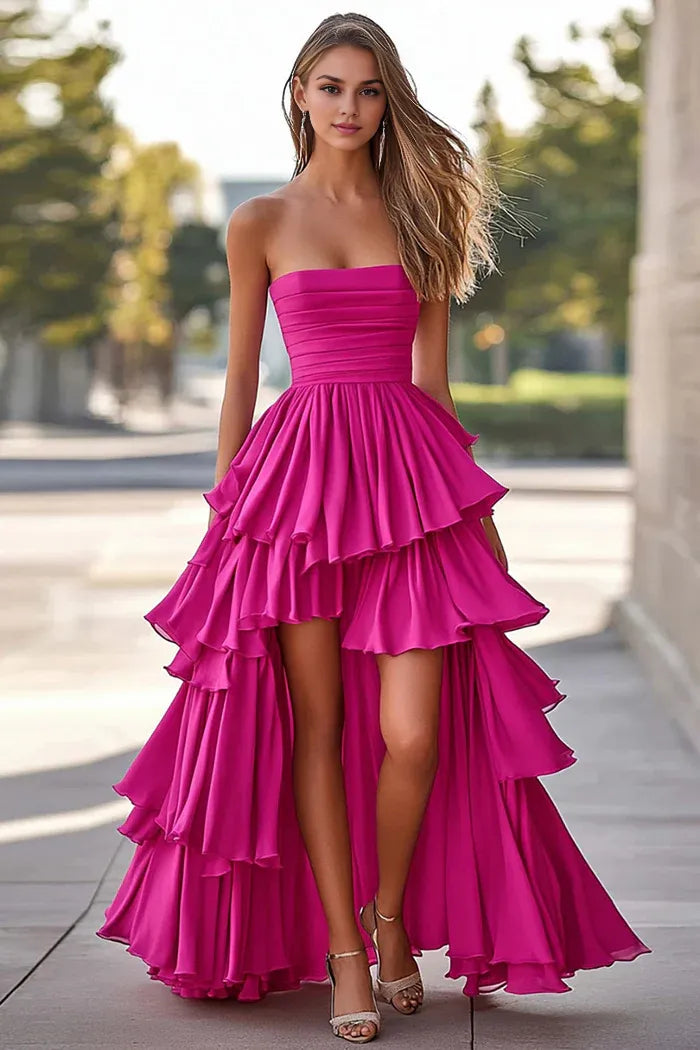 Robe longue fuchsia Weitese, coupe trapèze, sans bretelles, en satin froncé, asymétrique, robe de bal, robe de soirée à volants